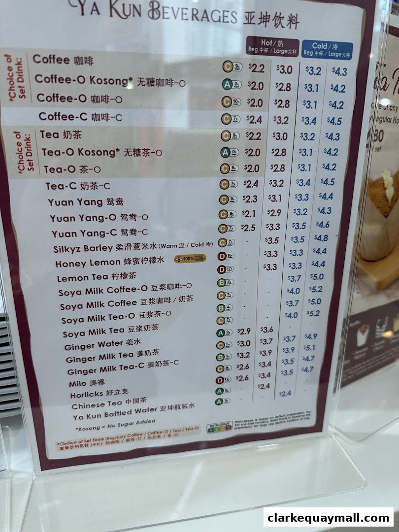 A menu board displaying various beverages offered at Ya Kun Kaya Toast with prices.