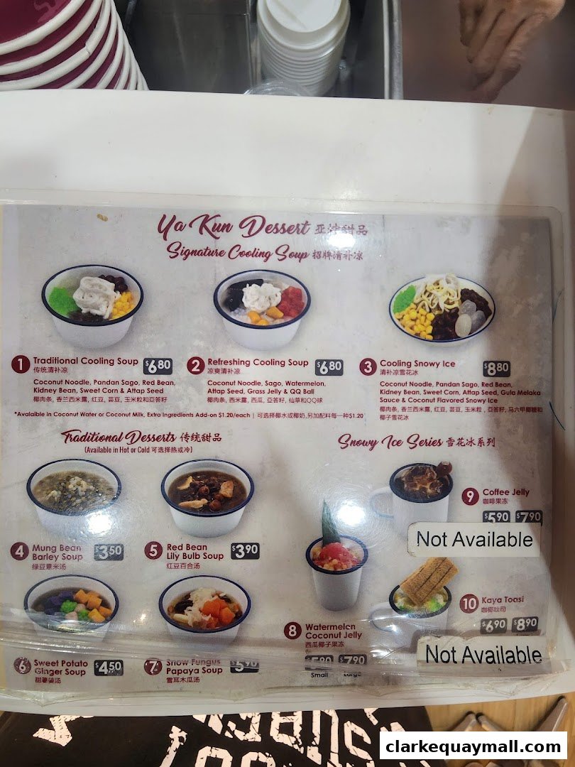 A menu from Ya Kun Dessert featuring cooling soups, traditional desserts, and snowy ice series.