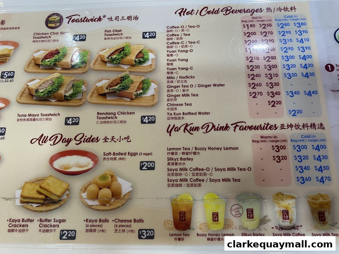 A menu from Ya Kun Kaya Toast featuring sandwiches, sides, and beverages with prices.