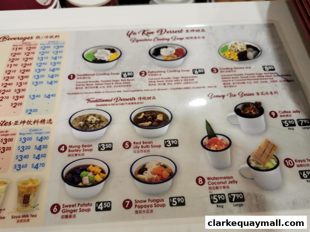 A menu from Ya Kun Kaya Toast featuring traditional desserts and beverages.