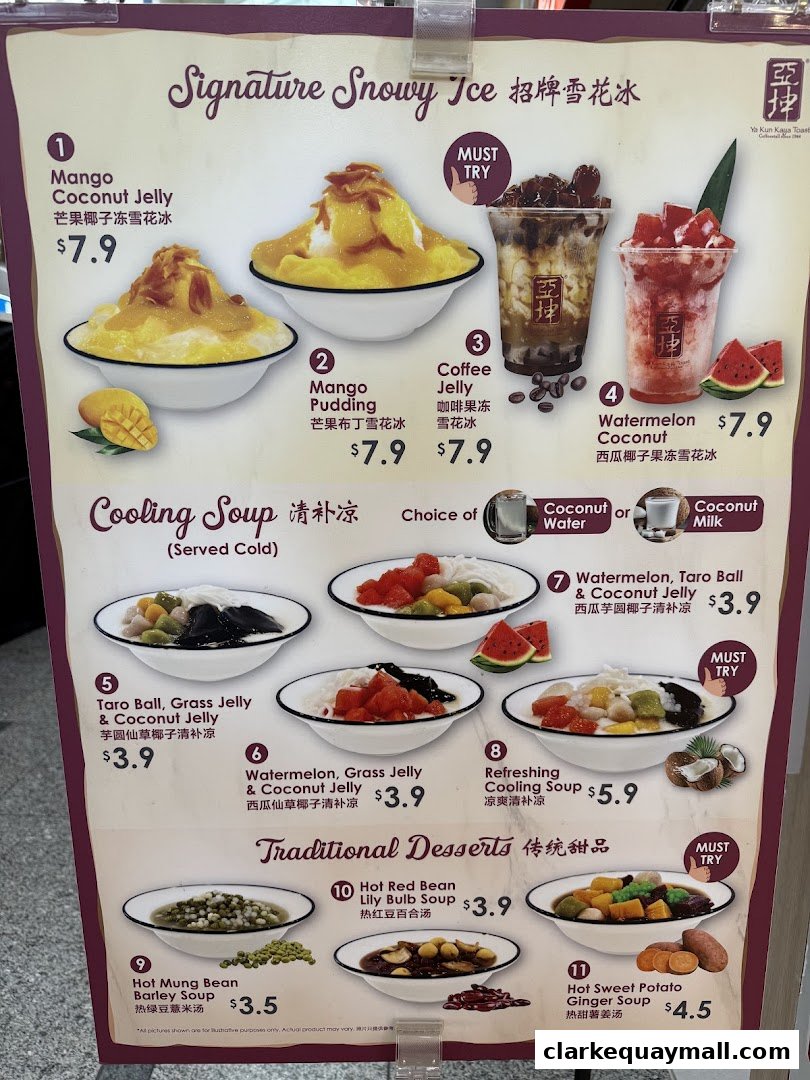 A menu showcasing signature snowy ice, cooling soups, and traditional desserts from Ya Kun Kaya Toast.