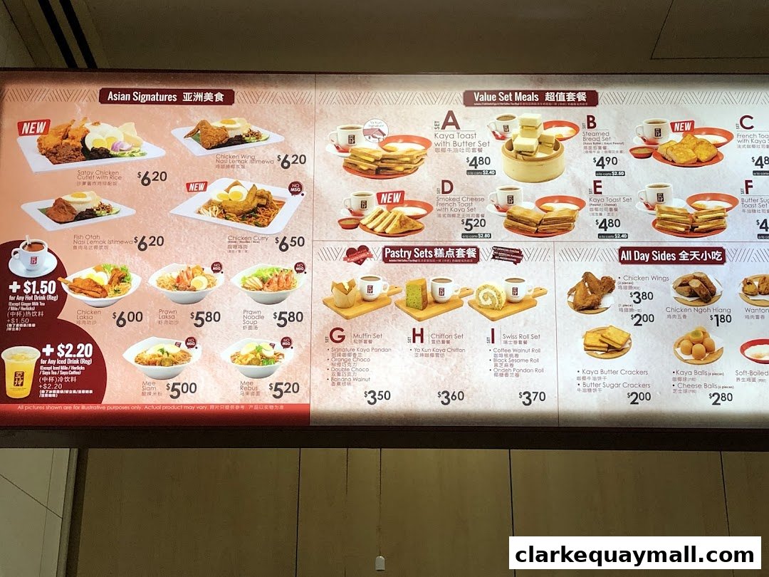 A menu board displaying various Asian signature dishes, value set meals, pastry sets, and all-day sides from Ya Kun Kaya Toast.