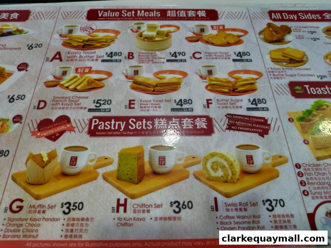 A menu from Ya Kun Kaya Toast featuring set meals, pastry sets, and all-day sides.
