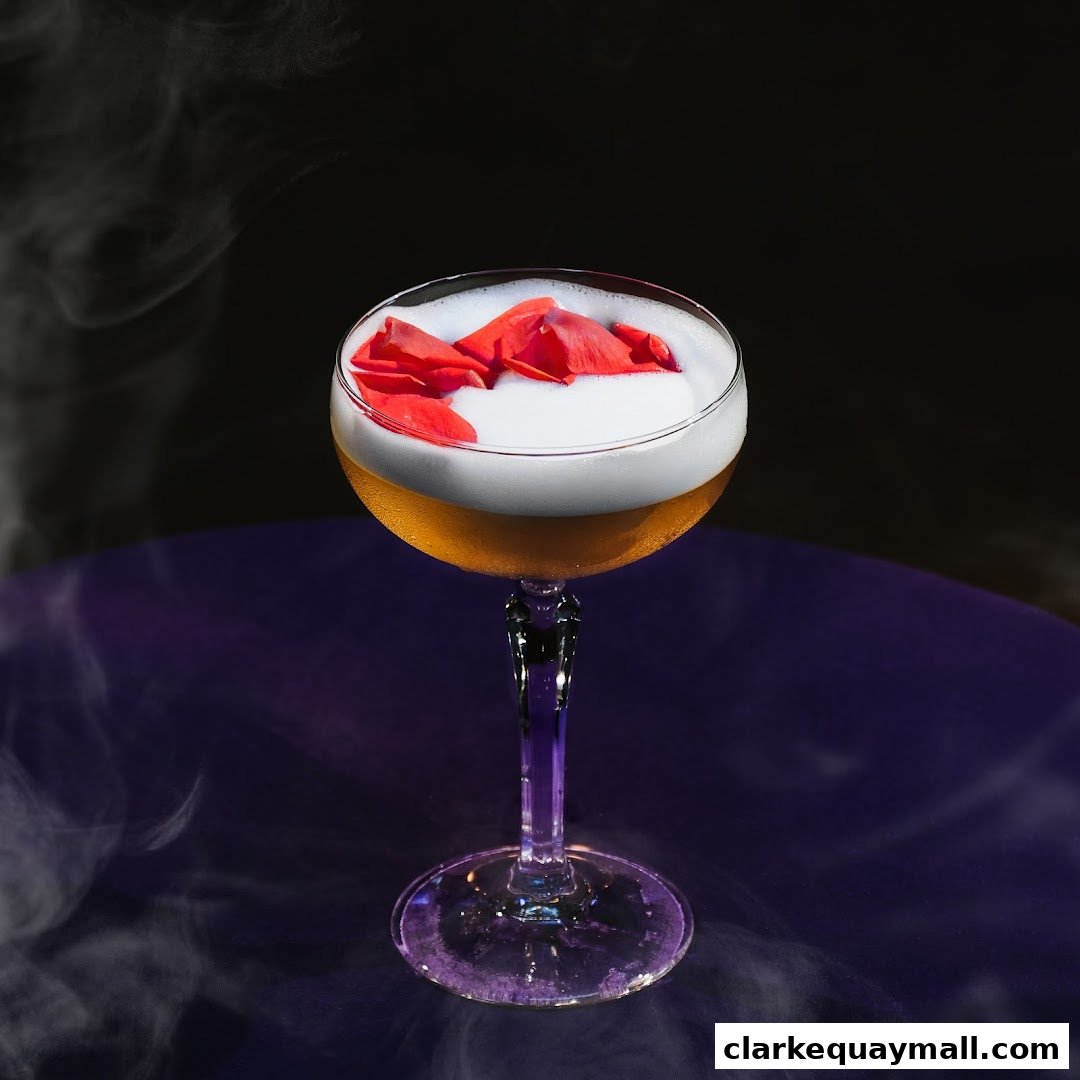A sophisticated cocktail with foam and red petals, presented on a purple surface with smoke effects.