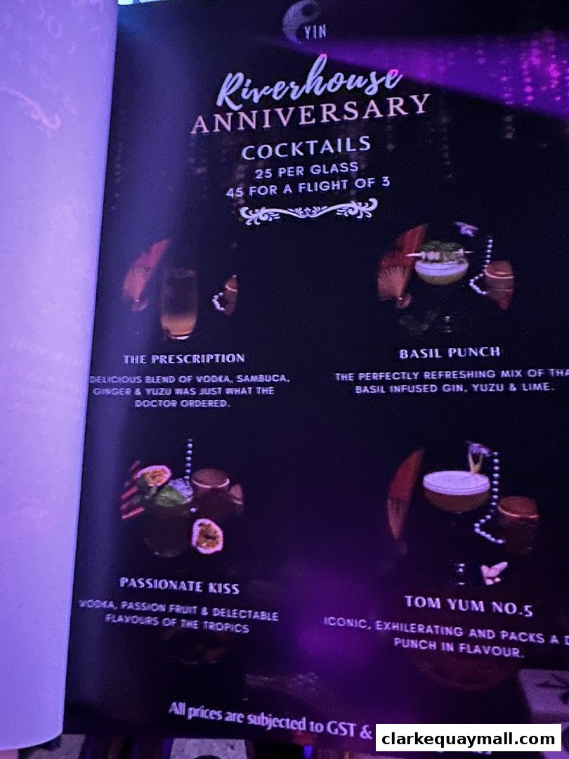 A menu showcasing anniversary cocktails with descriptions and prices.