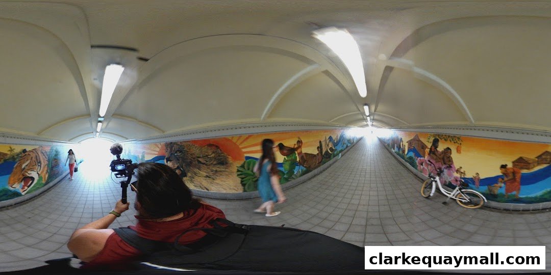 A person films a mural in a tunnel with people and animals depicted.