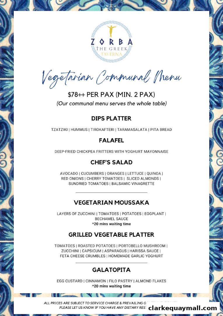 A menu for Zorba The Greek Taverna's Vegetarian Communal Menu.