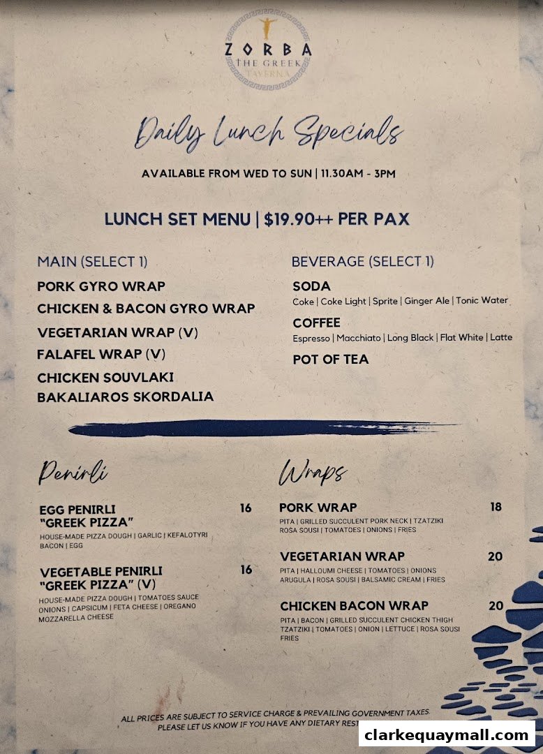 A menu from Zorba The Greek Taverna featuring daily lunch specials and set menus.