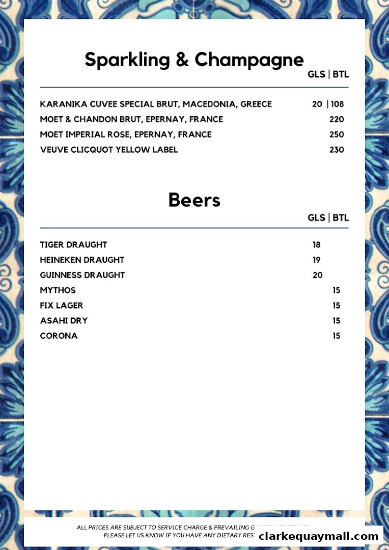 A menu featuring sparkling wines and beers with prices listed per glass and bottle.