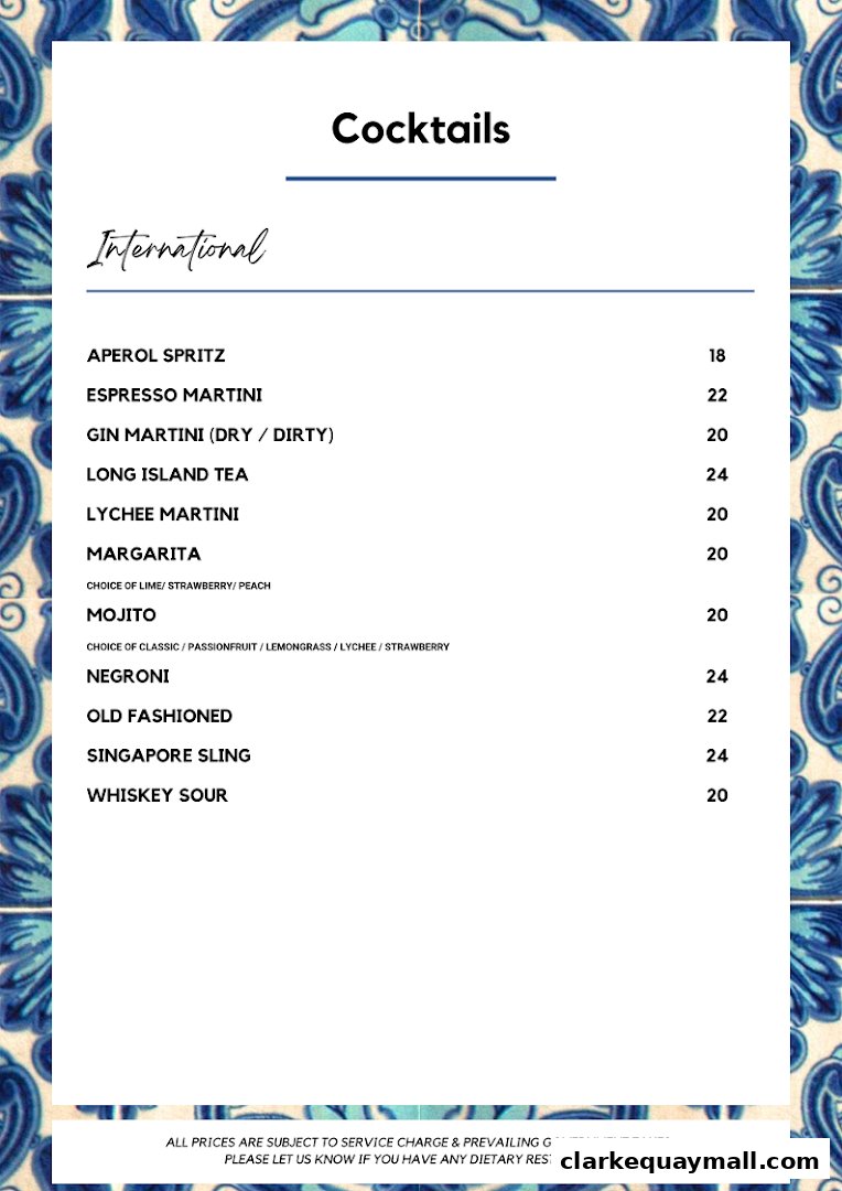 A menu page displaying a list of cocktails with their prices.