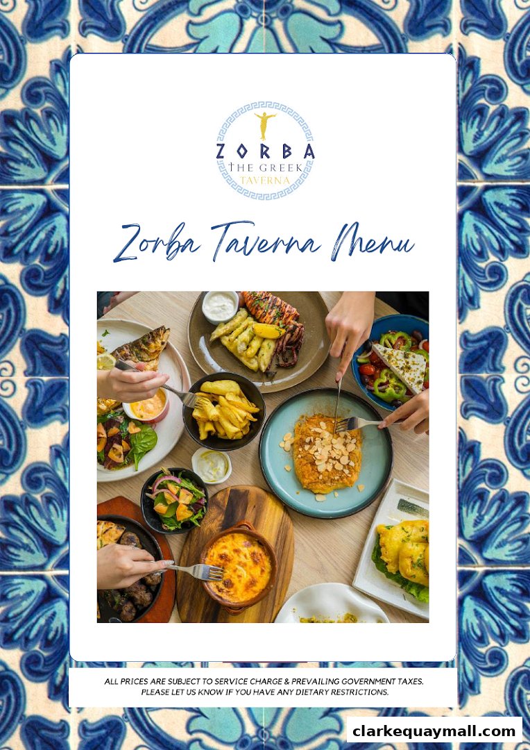 A menu for Zorba The Greek Taverna featuring various Greek dishes.