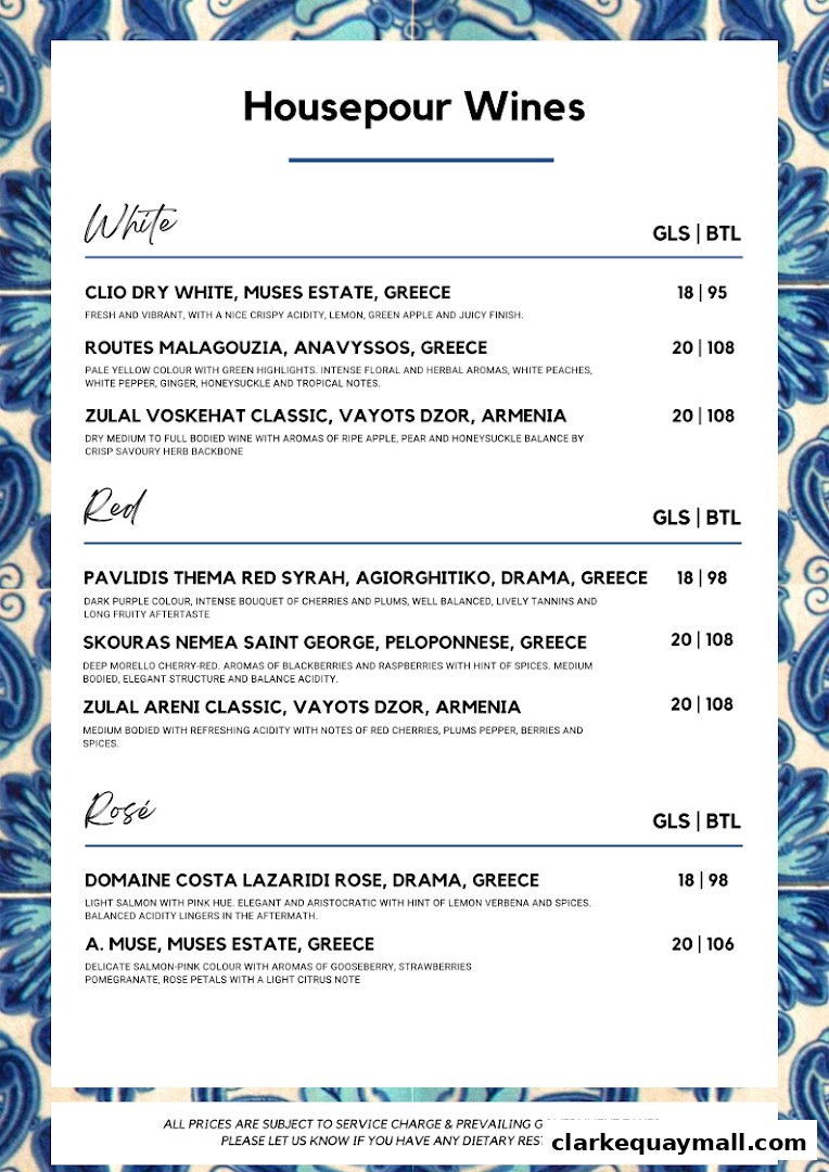 A menu featuring a selection of white, red, and rosé wines with descriptions and prices.