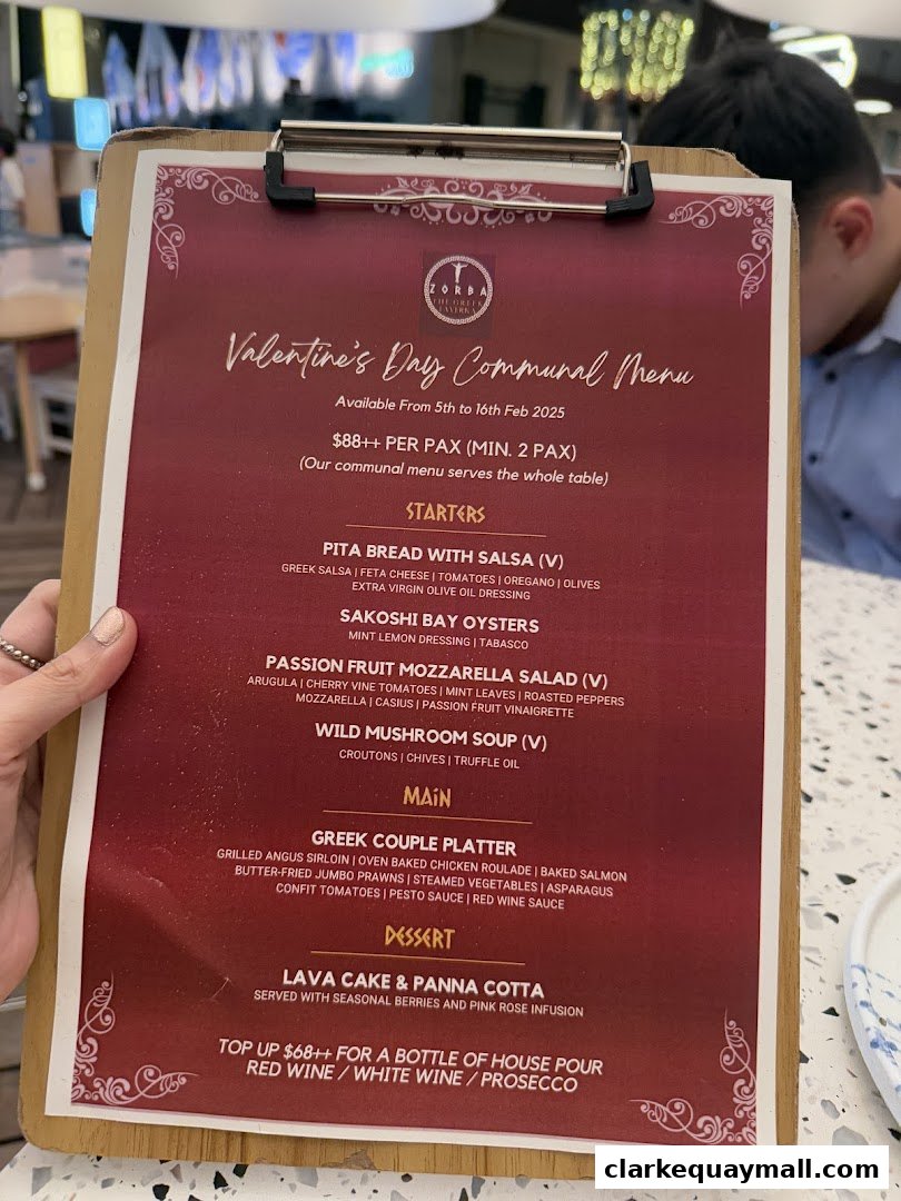A Valentine's Day communal menu from Zorba The Greek Taverna.