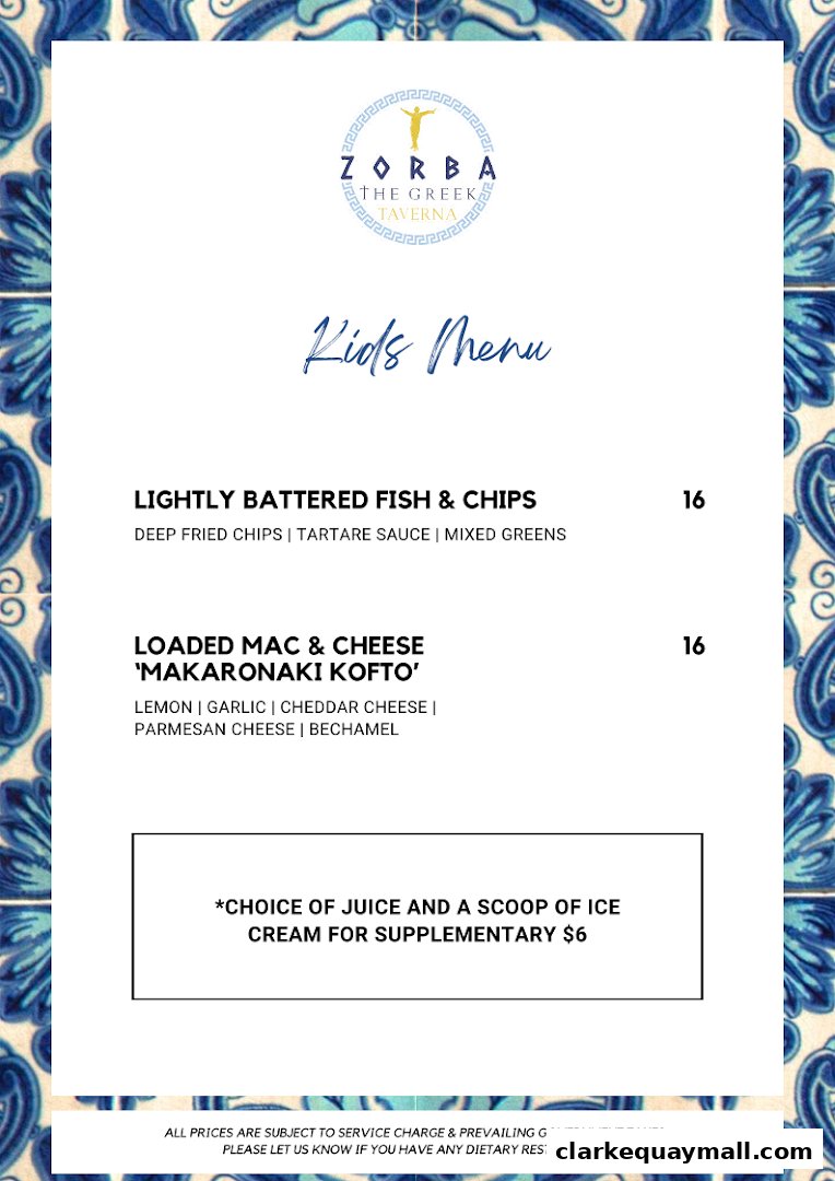 A kids' menu from Zorba The Greek Taverna featuring fish and chips and mac and cheese.