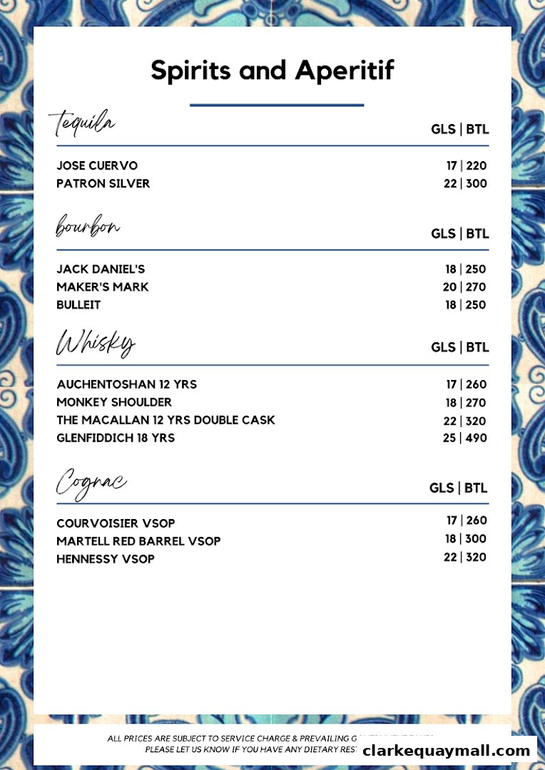 A menu featuring spirits and aperitifs, including tequila, bourbon, whisky, and cognac with prices.