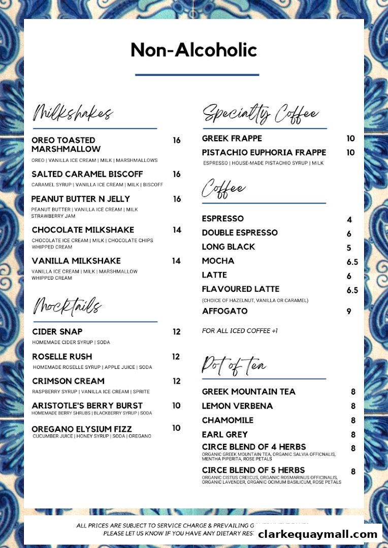 A menu featuring non-alcoholic drinks including milkshakes, mocktails, specialty coffees, coffee, and teas.