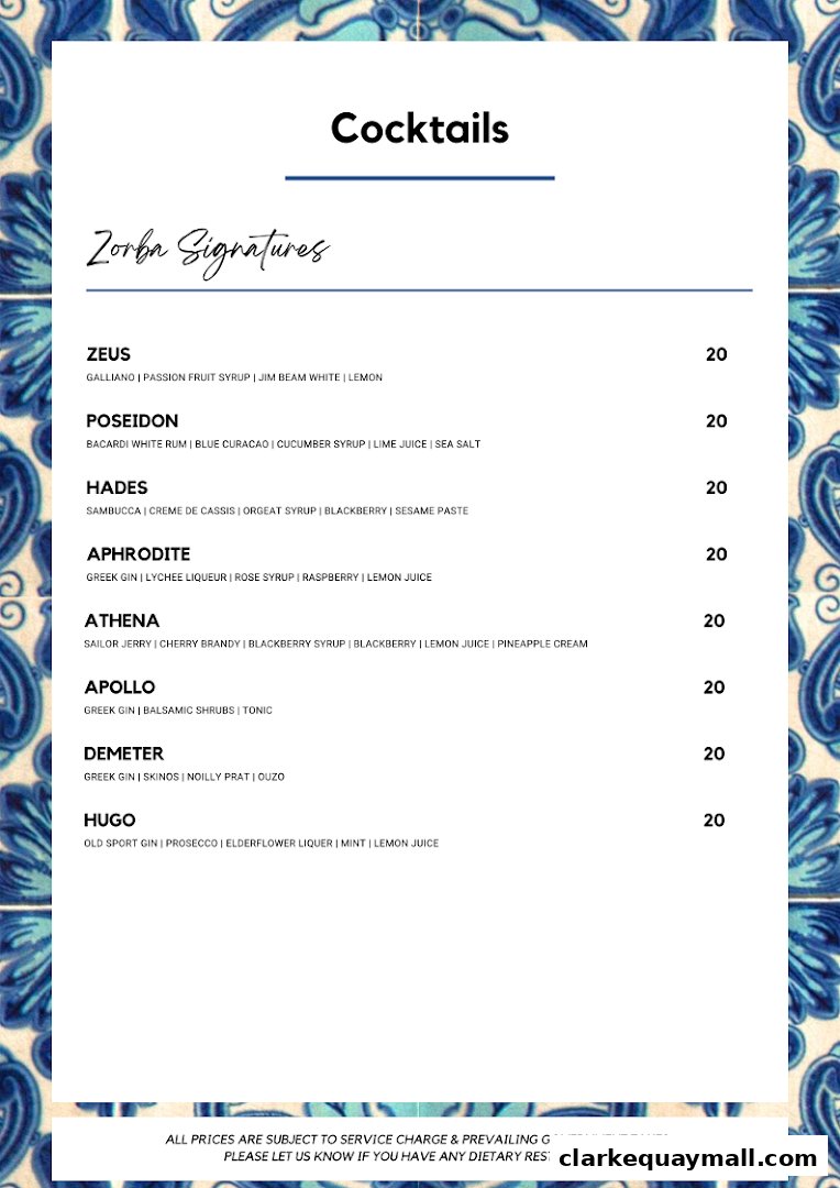 A menu page for Zorba's signature cocktails with names and ingredients.
