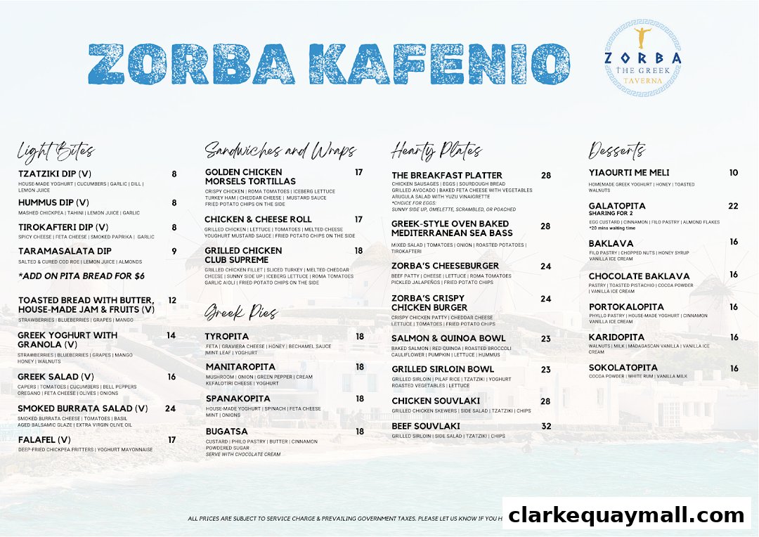 A menu for Zorba The Greek Taverna, featuring Greek dishes, sandwiches, and desserts.