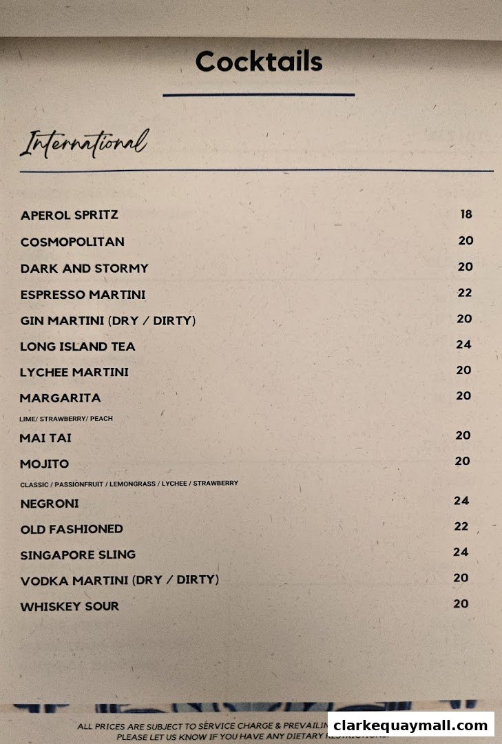 A menu featuring a list of international cocktails and their prices.