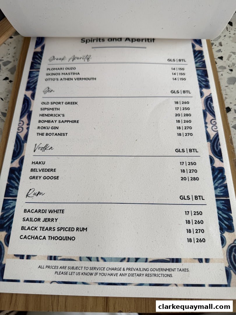 A menu featuring spirits and aperitifs, including Greek aperitifs, gin, vodka, and rum.