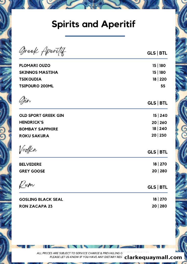 A menu for spirits and aperitifs, featuring Greek aperitifs, gin, vodka, and rum with prices.