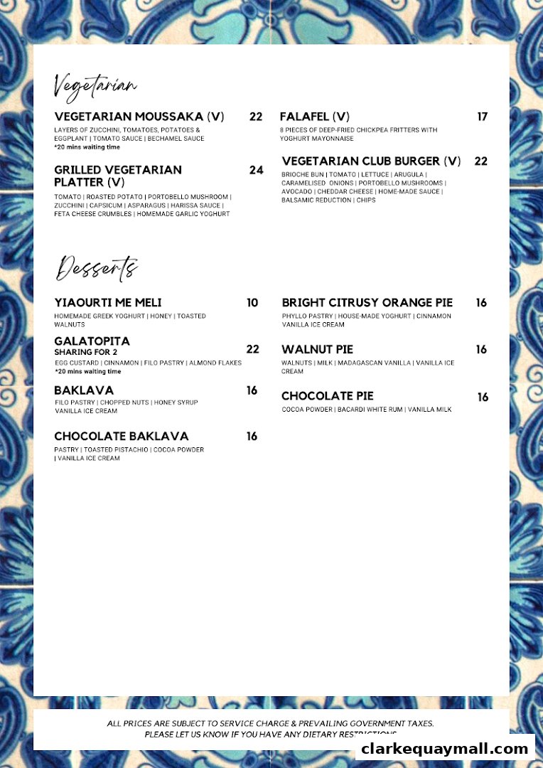 A menu from Zorba The Greek Taverna featuring vegetarian dishes and desserts.