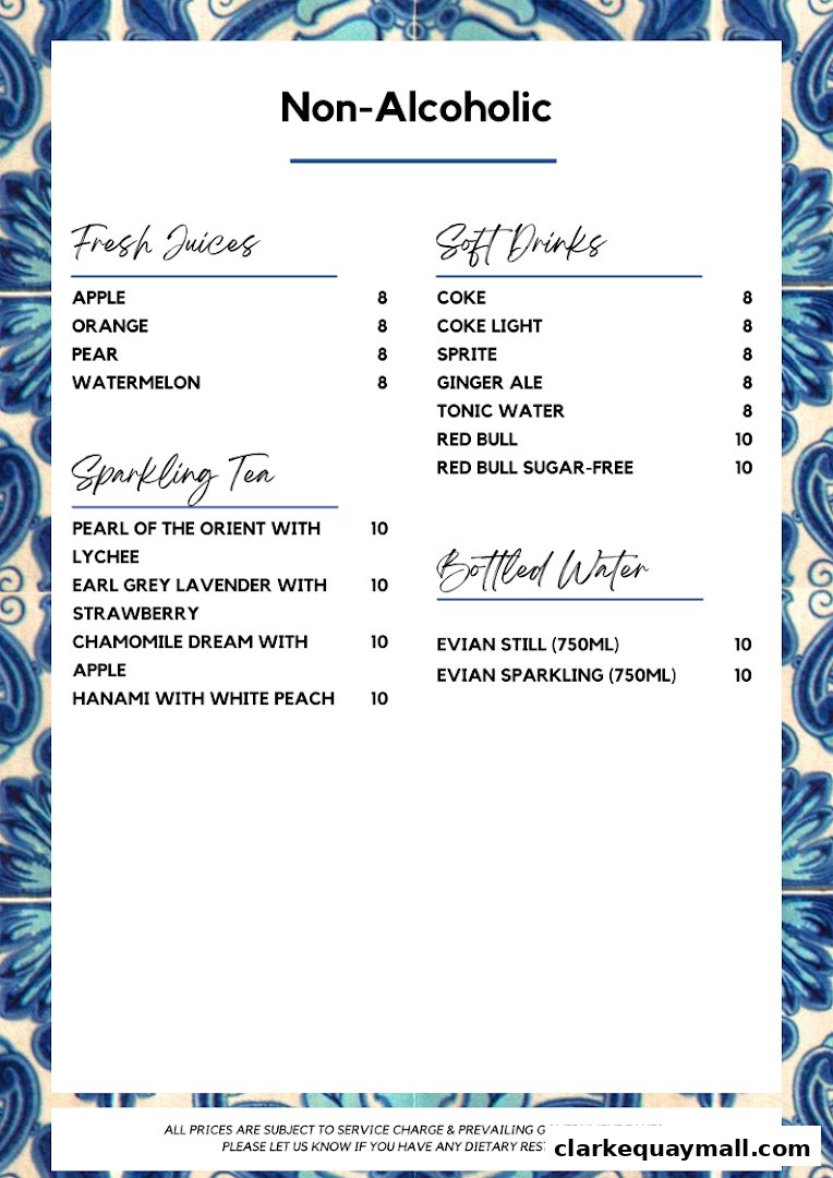 A menu featuring non-alcoholic beverages including fresh juices, sparkling teas, soft drinks, and bottled water.