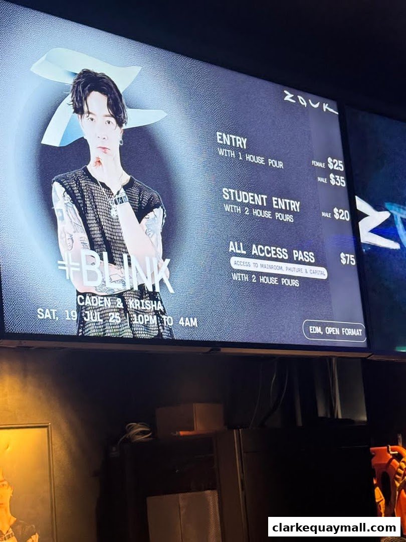 A screen displays entry prices and event details for Zouk Singapore, featuring DJs Caden & Krisha.