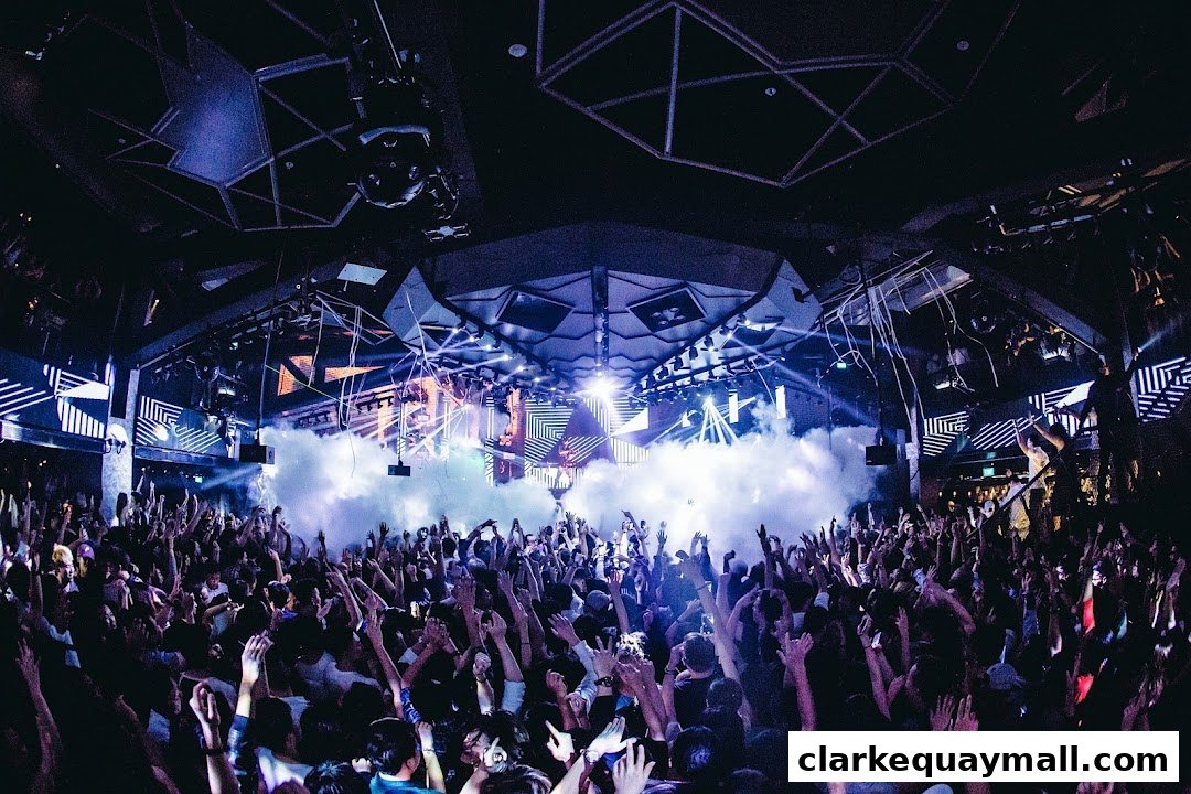 A crowded nightclub with a DJ on stage, smoke, and lights, with people dancing.