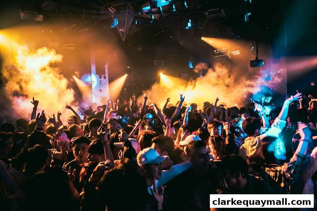 A crowded dance floor with people raising their hands under colorful lights and smoke.
